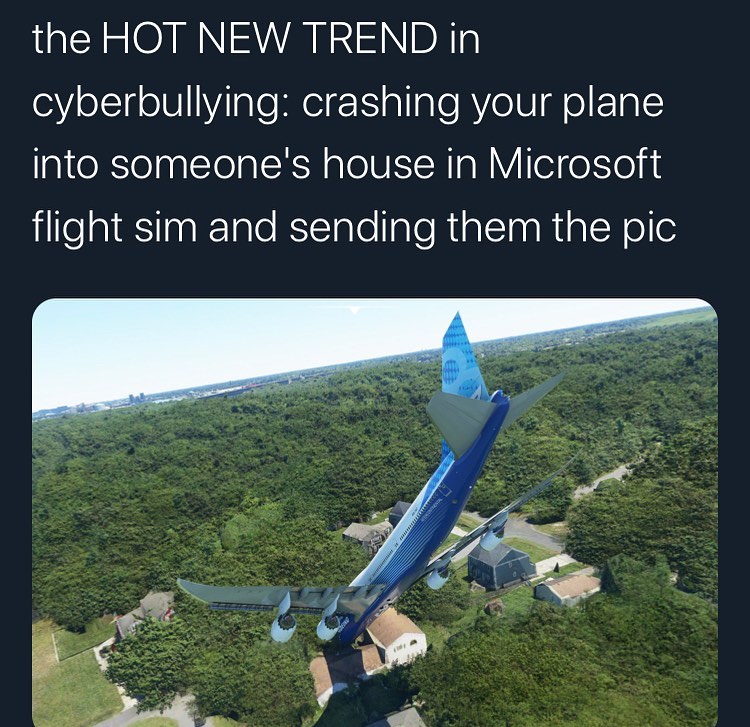 ebaums world dank memes - cyber bullying flight simulator - the Hot New Trend in cyberbullying crashing your plane into someone's house in Microsoft flight sim and sending them the pic
