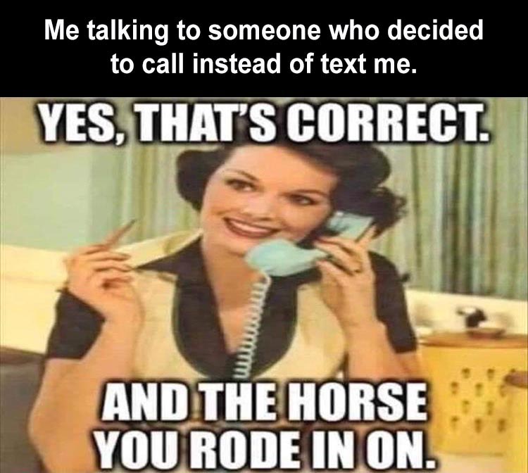 random pics - photo caption - Me talking to someone who decided to call instead of text me. Yes, That'S Correct. And The Horse You Rode In On.