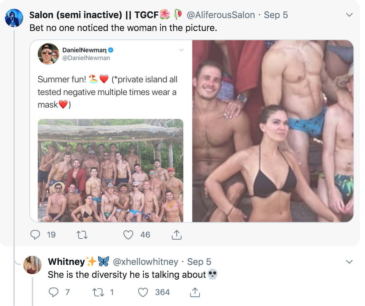 muscle - Salon semi inactive || Tgcf Sep 5 Bet no one noticed the woman in the picture. DanielNewman Newman Summer fun! private island all tested negative multiple times wear a mask 19 12 46 Whitney .Sep 5 She is the diversity he is talking about 97 121 3
