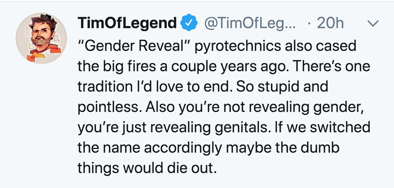 paragraph of words - TimOfLegend ... 20h "Gender Reveal" pyrotechnics also cased the big fires a couple years ago. There's one tradition I'd love to end. So stupid and pointless. Also you're not revealing gender, you're just revealing genitals. If we swit