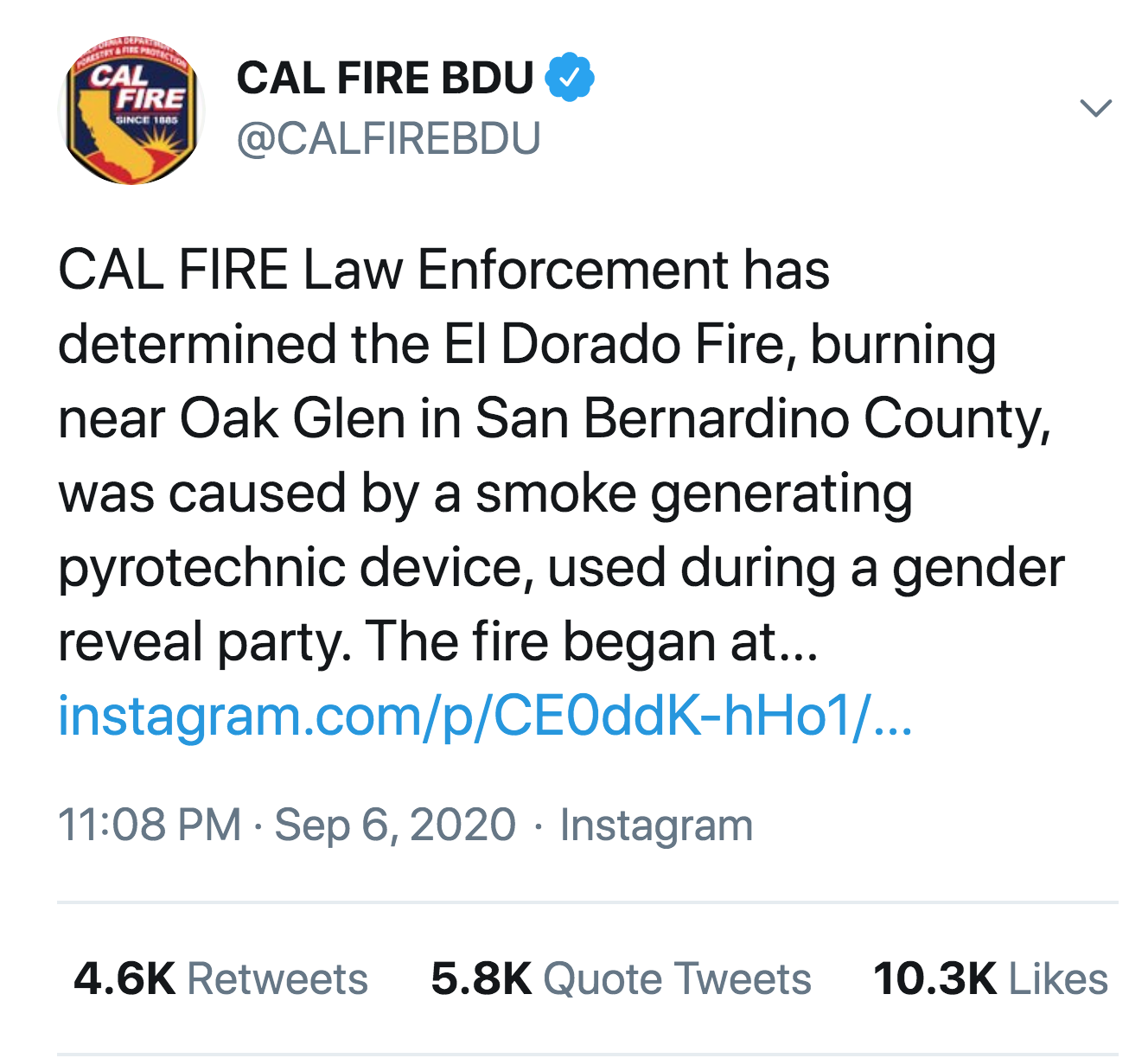 Cal Fire Cal Fire Bdu Since 1805 Cal Fire Law Enforcement has determined the El Dorado Fire, burning near Oak Glen in San Bernardino County, was caused by a smoke generating pyrotechnic device, used during a gender reveal party. The fire…