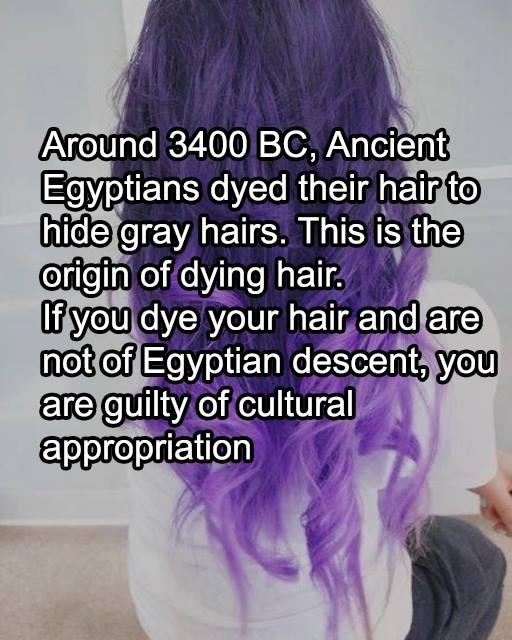 cultural appropriation meme hair dye - Around 3400 Bc, Ancient Egyptians dyed their hair to hide gray hairs. This is the origin of dying hair. If you dye your hair and are not of Egyptian descent, you are guilty of cultural appropriation