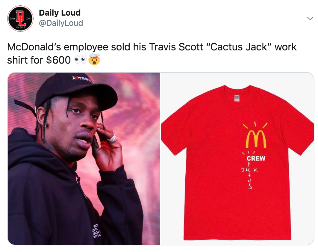 travis scott listening music - Daily Loud Loud McDonald's employee sold his Travis Scott "Cactus Jack" work shirt for $600 m Crew Jack Ro 2011
