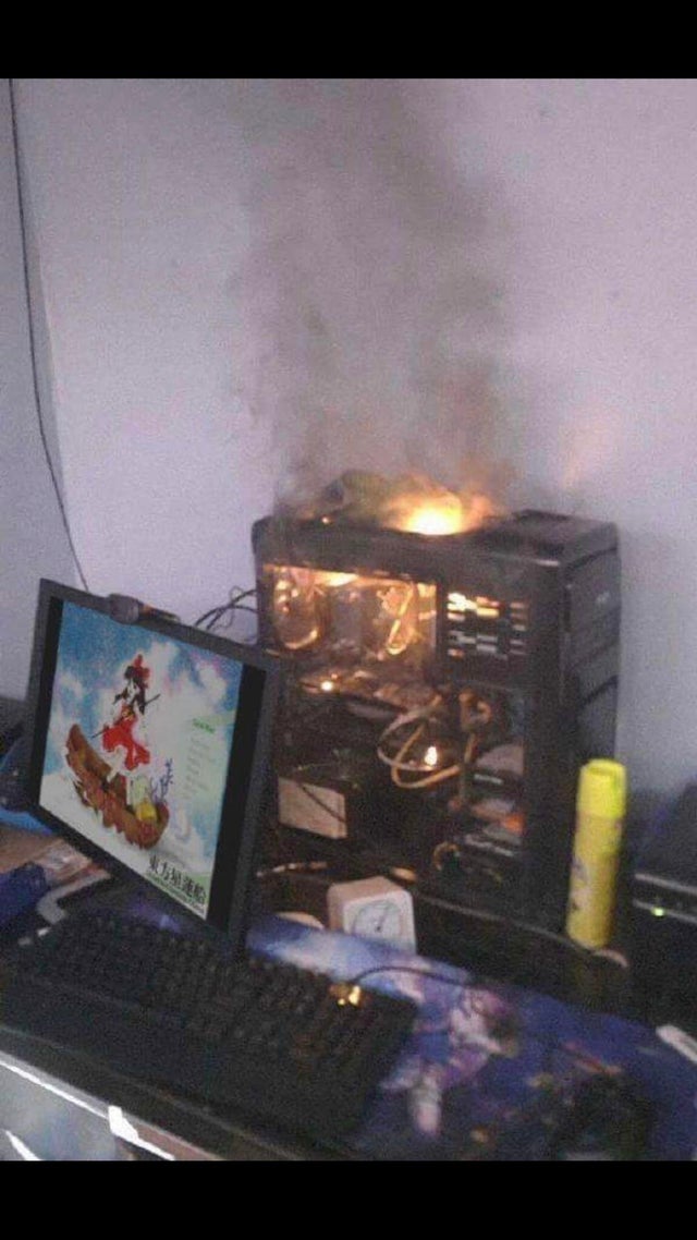 gaming pc setup on fire