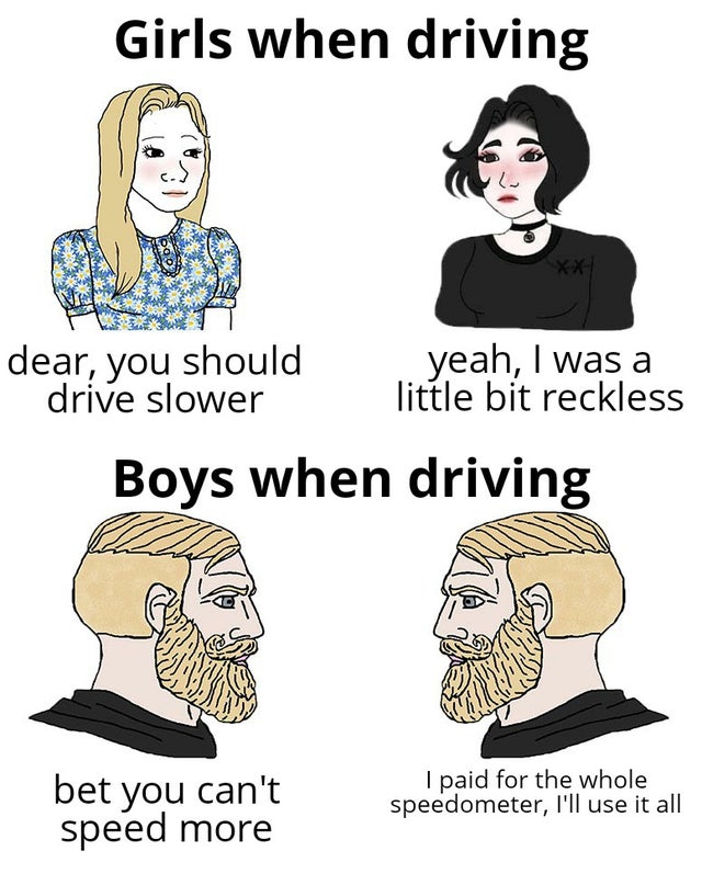 dank memes - Girls when driving dear, you should drive slower yeah, I was a little bit reckless Boys when driving bet you can't speed more I paid for the whole speedometer, I'll use it all