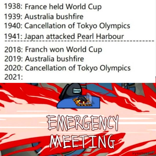 dark-memes cartoon - 1938 France held World Cup 1939 Australia bushfire 1940 Cancellation of Tokyo Olympics 1941 Japan attacked Pearl Harbour 2018 Franch won World Cup 2019 Australia bushfire 2020 Cancellation of Tokyo Olympics 2021 Emergency Meeting