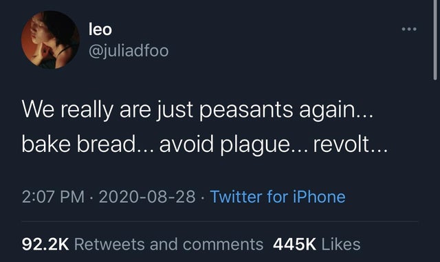 dark-memes Quotation - leo We really are just peasants again... bake bread... avoid plague... revolt... Twitter for iPhone and