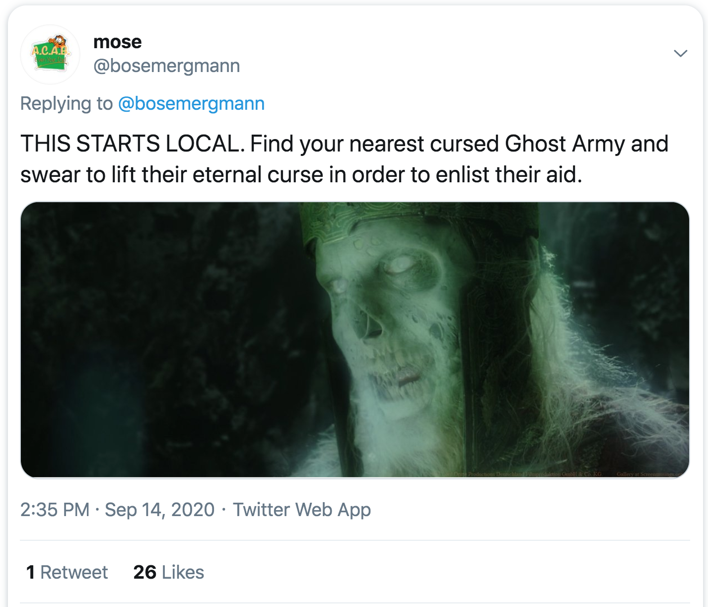 human - mose Ca This Starts Local. Find your nearest cursed Ghost Army and swear to lift their eternal curse in order to enlist their aid. . Twitter Web App 1 Retweet 26