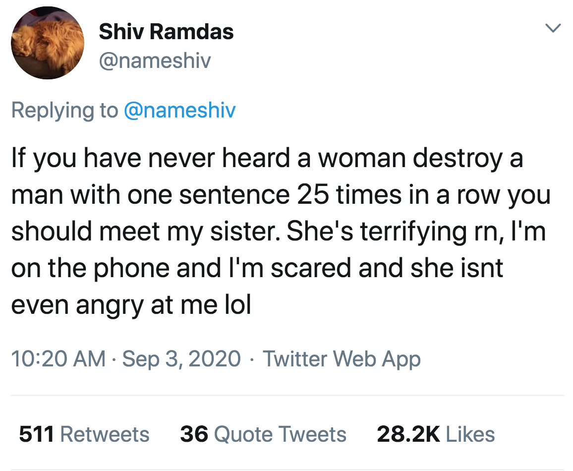 If you have never heard a woman destroy a man with one sentence 25 times in a row you should meet my sister. She's terrifying rn, I'm on the phone and I'm scared and she isnt even angry at me lol Twitter Web App 511 36 Quote Tweets