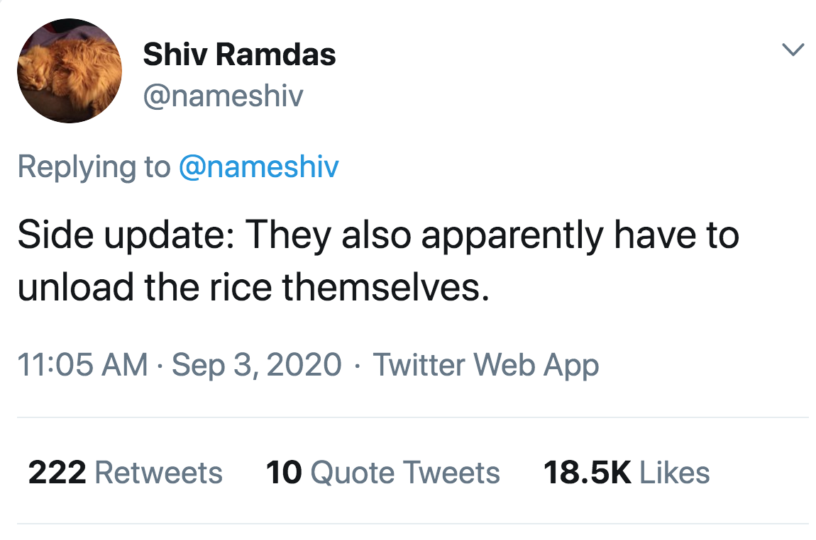 Side update They also apparently have to unload the rice themselves. Twitter Web App 222 10 Quote Tweets
