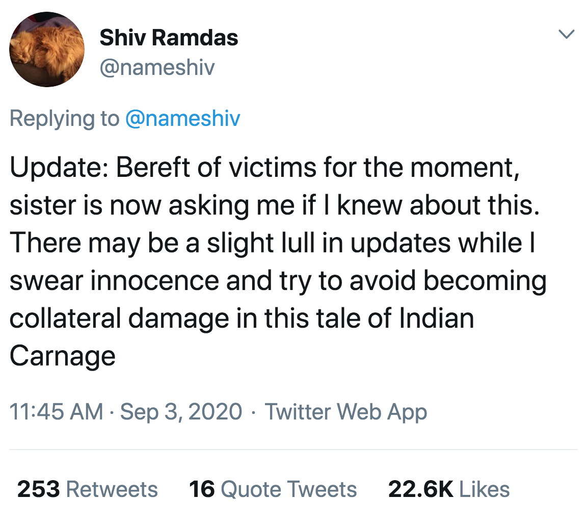 Update Bereft of victims for the moment, sister is now asking me if I knew about this. There may be a slight lull in updates while | swear innocence and try to avoid becoming collateral damage in this tale of Indian Carnage Twitter Web App…