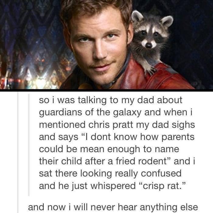 chris pratt crisp rat meme - so i was talking to my dad about guardians of the galaxy and when i mentioned chris pratt my dad sighs and says "I dont know how parents could be mean enough to name their child after a fried rodent" and i sat there looking re