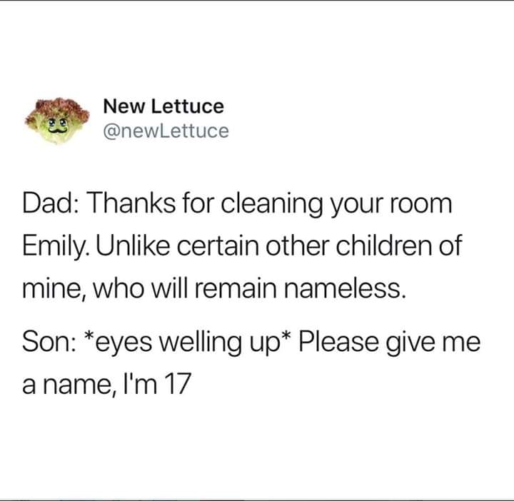 Text - New Lettuce Dad Thanks for cleaning your room Emily. Un certain other children of mine, who will remain nameless. Son eyes welling up Please give me a name, I'm 17