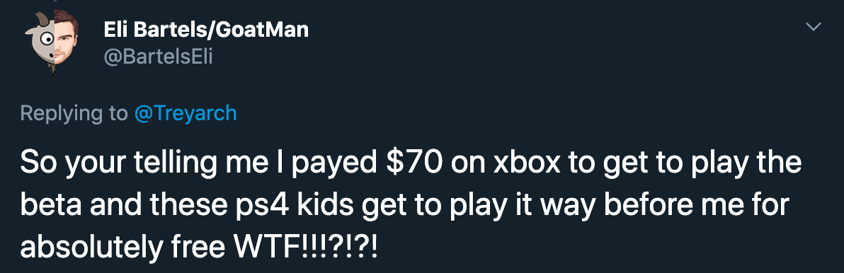 So your telling me I payed $70 on xbox to get to play the beta and these ps4 kids get to play it way before me for absolutely free Wtf!!!?!?!