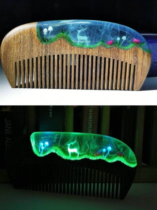 A custom made comb with a miniature scene that glows in the dark.