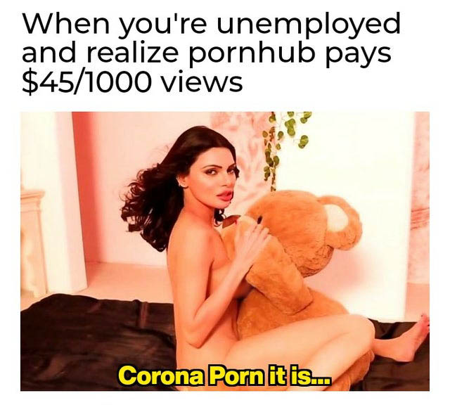 dirty memes photo caption - When you're unemployed and realize pornhub pays $451000 views Corona Porn it is...