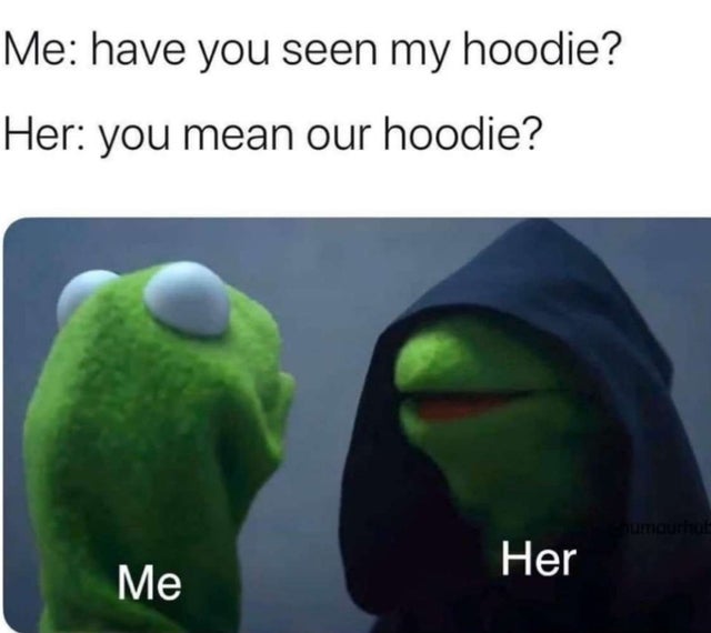 relationship memes kermit vs evil kermit memes - Me have you seen my hoodie? Her you mean our hoodie? Her Me
