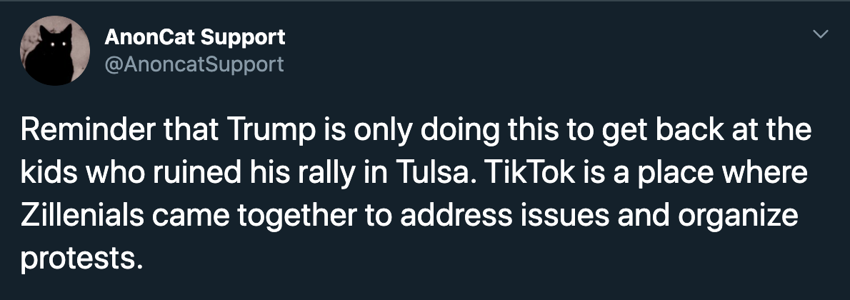 Reminder that Trump is only doing this to get back at the kids who ruined his rally in Tulsa. TikTok is a place where Zillenials came together to address issues and organize protests.