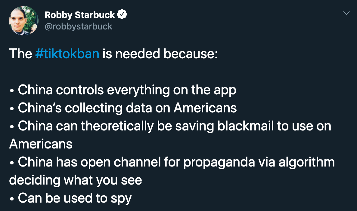 The tiktok ban is needed because China controls everything on the app China's collecting data on Americans China can theoretically be saving blackmail to use on Americans China has open channel for propaganda via algorithm deciding what you se