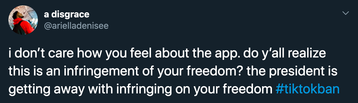 i don't care how you feel about the app. do y'all realize this is an infringement of your freedom? the president is getting away with infringing on your freedom