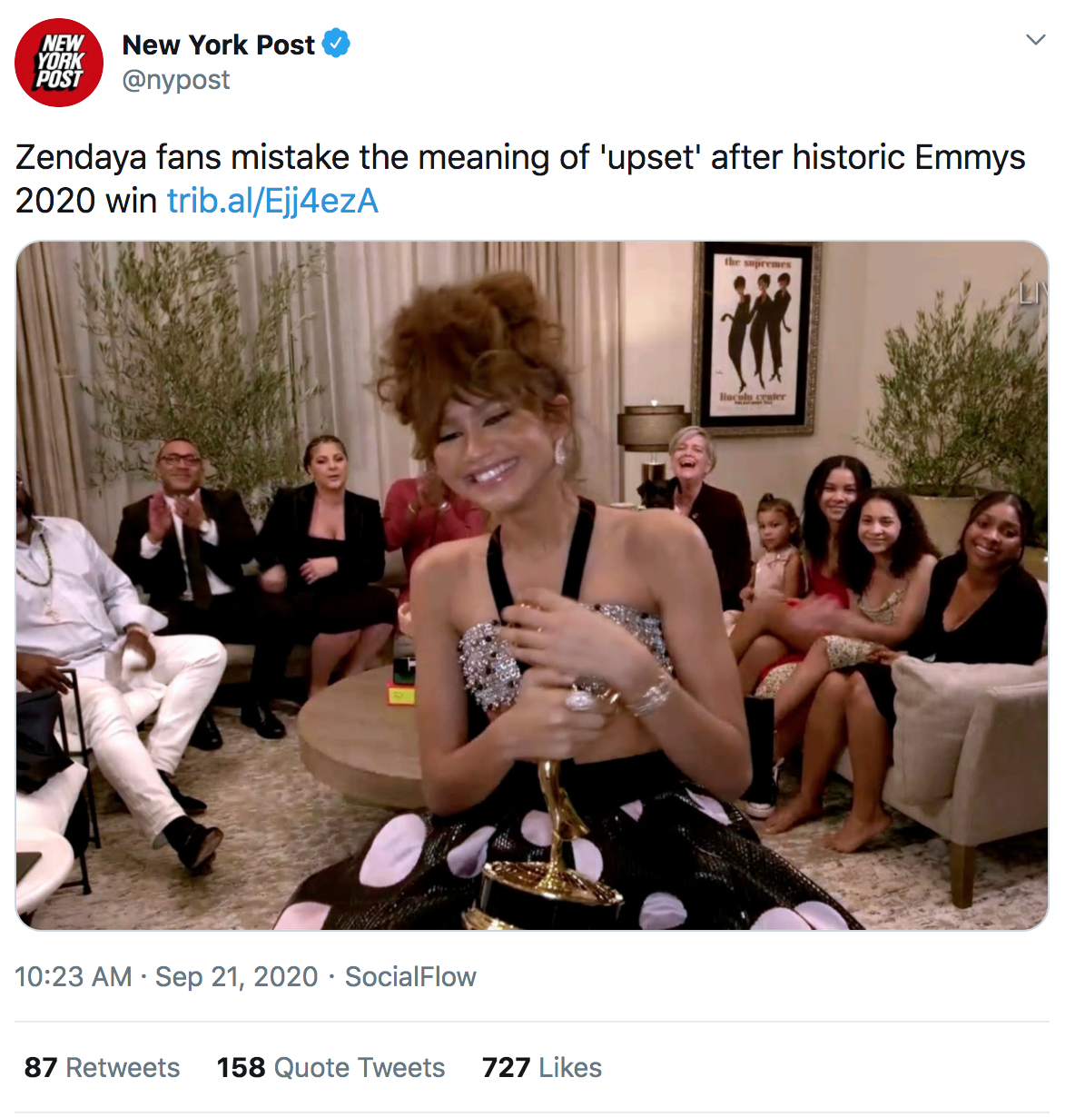 conversation - New York Post New York Post Zendaya fans mistake the meaning of 'upset' after historic Emmys 2020 win trib.alEjj4eza . . SocialFlow 87 158 Quote Tweets 727