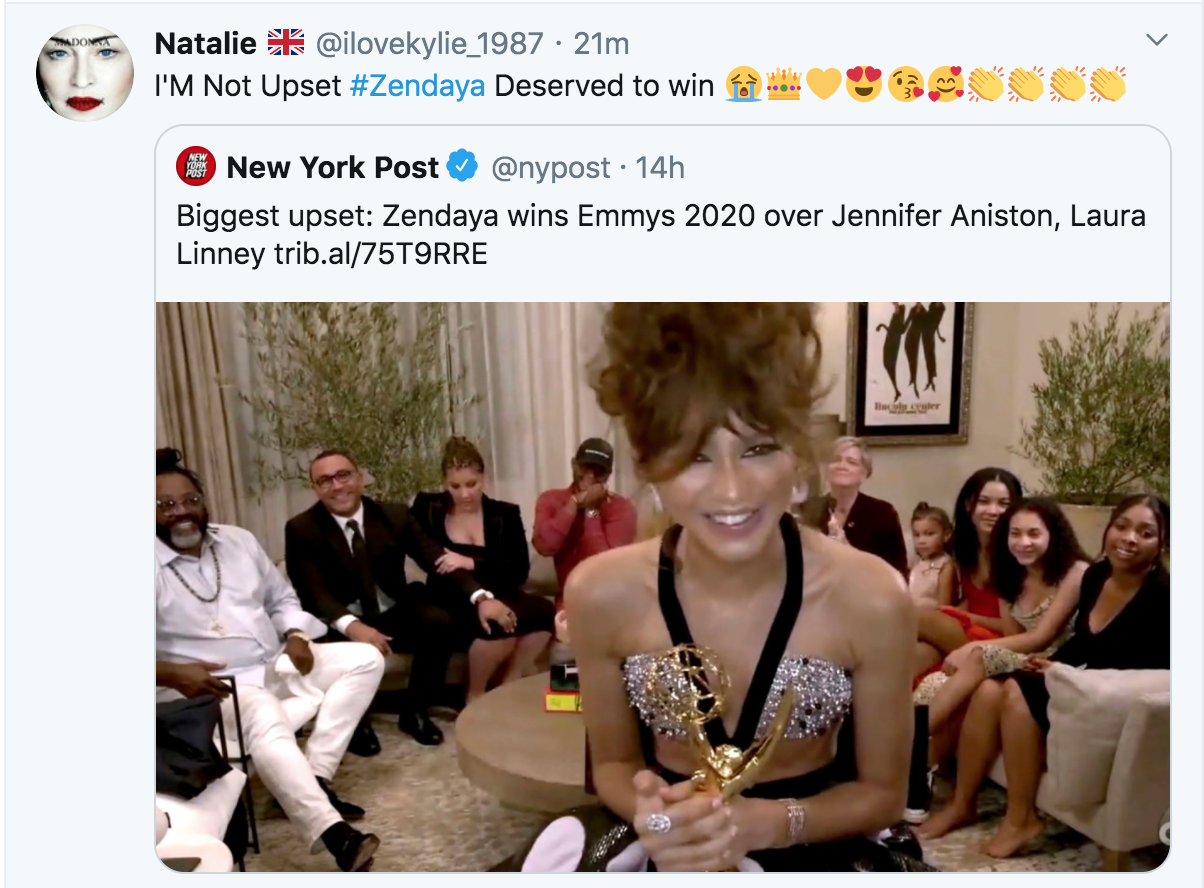 community - Natalie . 21m I'M Not Upset Deserved to win New York Post 14h Biggest upset Zendaya wins Emmys 2020 over Jennifer Aniston, Laura Linney trib.al75TORRE