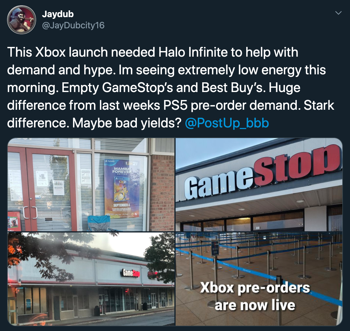 This Xbox launch needed Halo Infinite to help with demand and hype. Im seeing extremely low energy this morning. Empty GameStop's and Best Buy's. Huge difference from last weeks PS5 preorder demand. Stark difference.