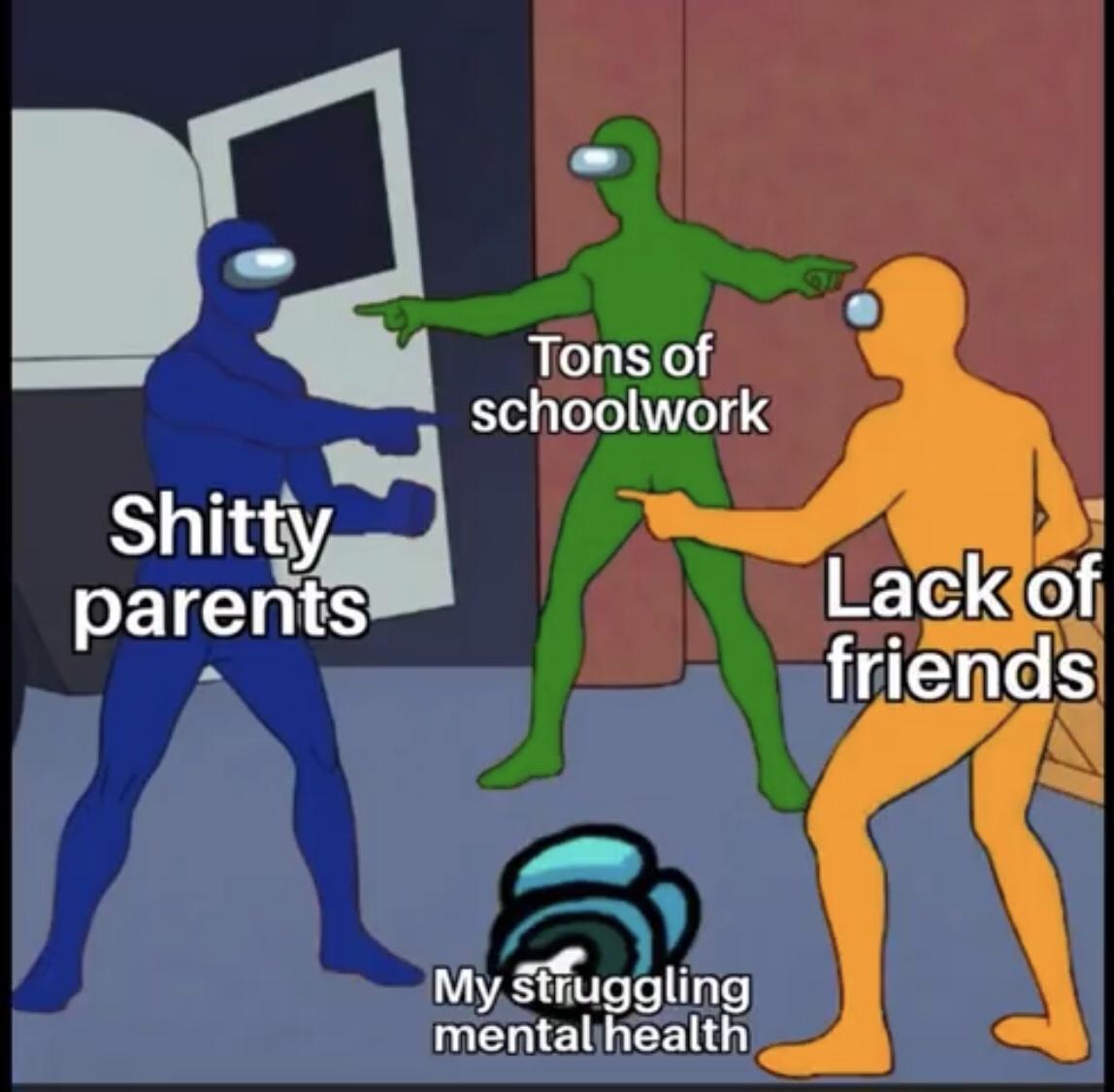 three spiderman meme - Tons of schoolwork Shitty parents Lack of friends My struggling mental health