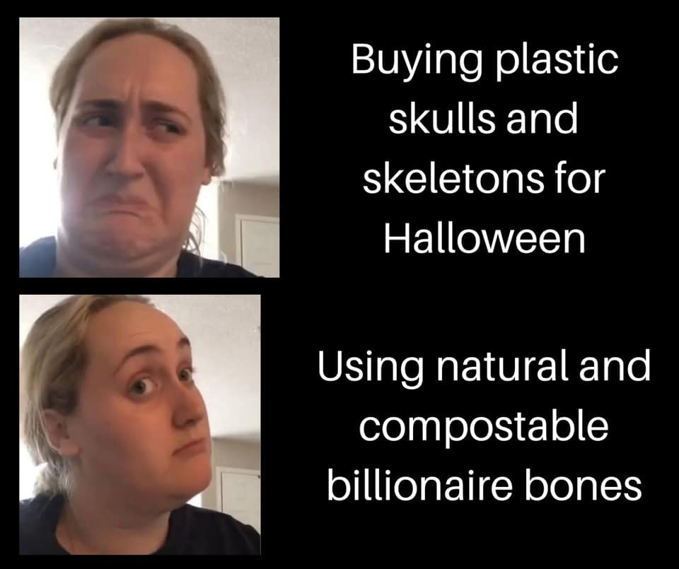 halloween memes - photo caption - Buying plastic skulls and skeletons for Halloween Using natural and compostable billionaire bones