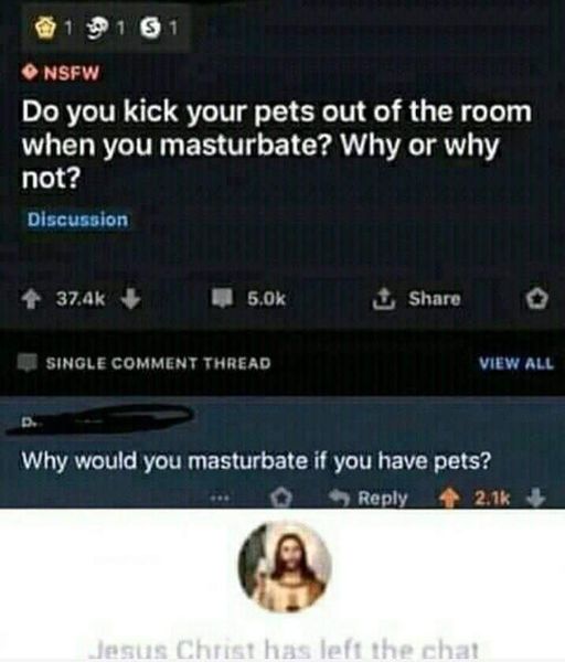 offensive memes - Nsfw Do you kick your pets out of the room when you masturbate? Why or why not? Discussion Single Comment Thread View All Why would you masturbate if you have pets? Jesus Christ has left the chat
