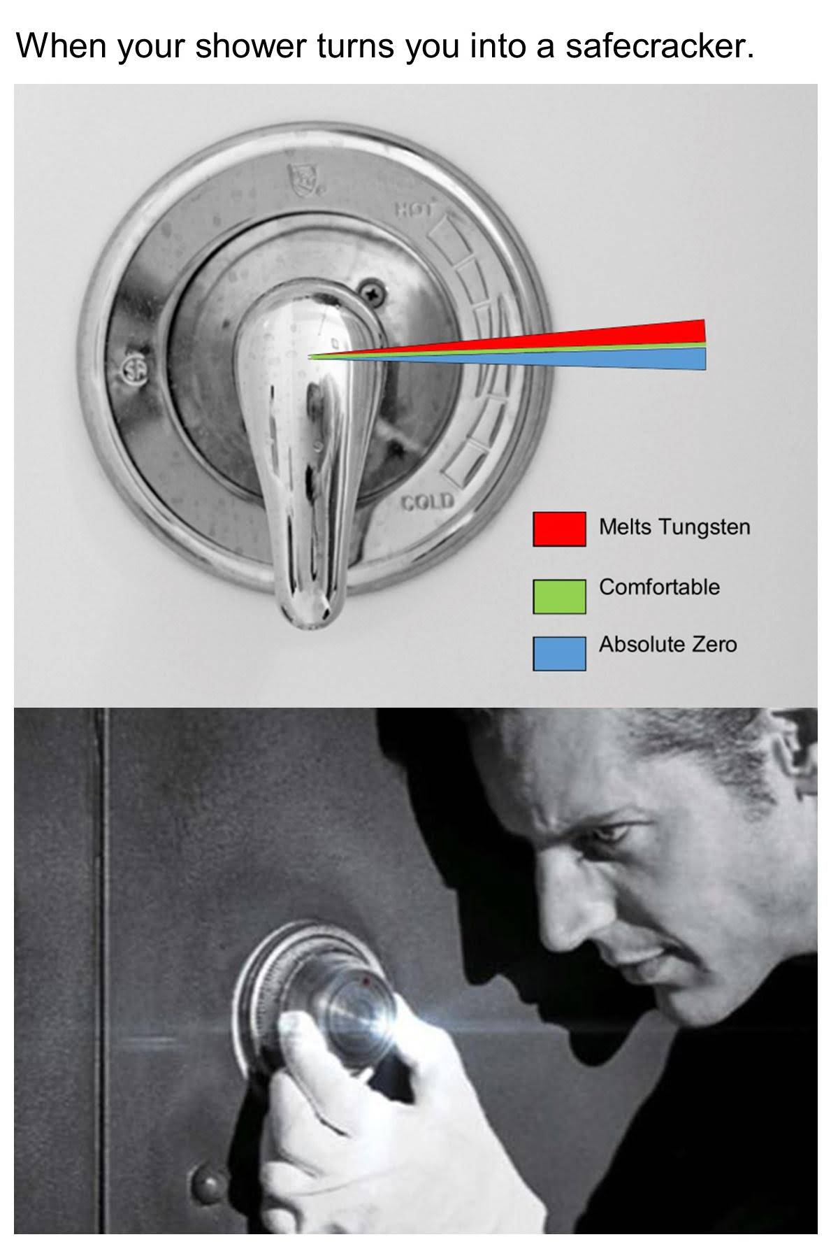 dank memes - safe crack - When your shower turns you into a safecracker. Hot Cold Melts Tungsten Comfortable Absolute Zero
