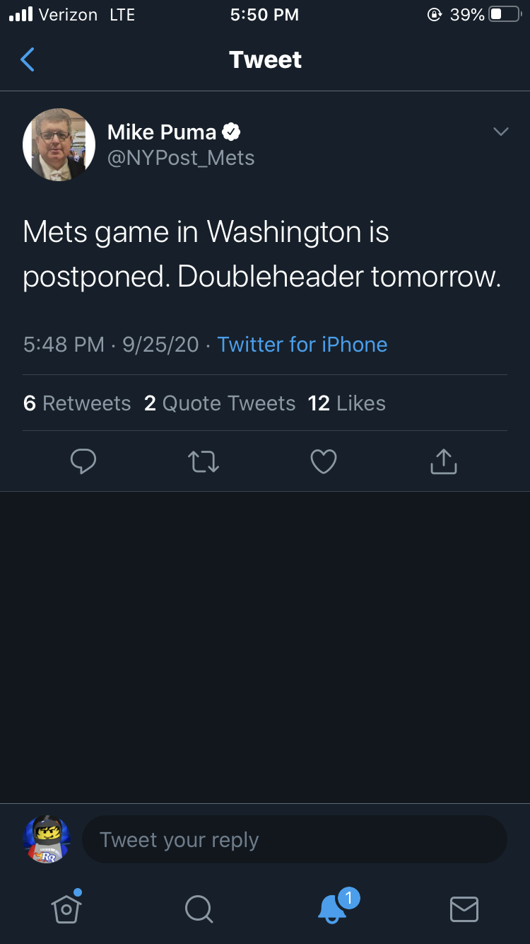 scary pictures - screenshot - ..ll Verizon Lte @ 39% Tweet Mike Puma Mets game in Washington is postponed. Doubleheader tomorrow. 92520 Twitter for iPhone 6 2 Quote Tweets 12 27 Tweet your Rr