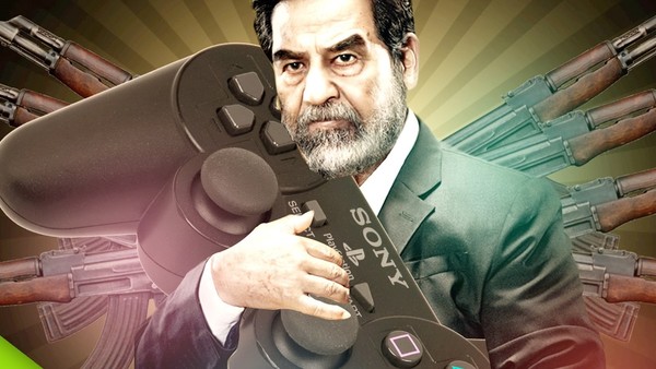 saddam hussein hugging a playstation 2 controller with guns in the background