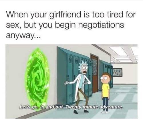 sex memes - rick and morty memes - When your girlfriend is too tired for sex, but you begin negotiations anyway... Let's go. In and out. Twenty minute adventure.