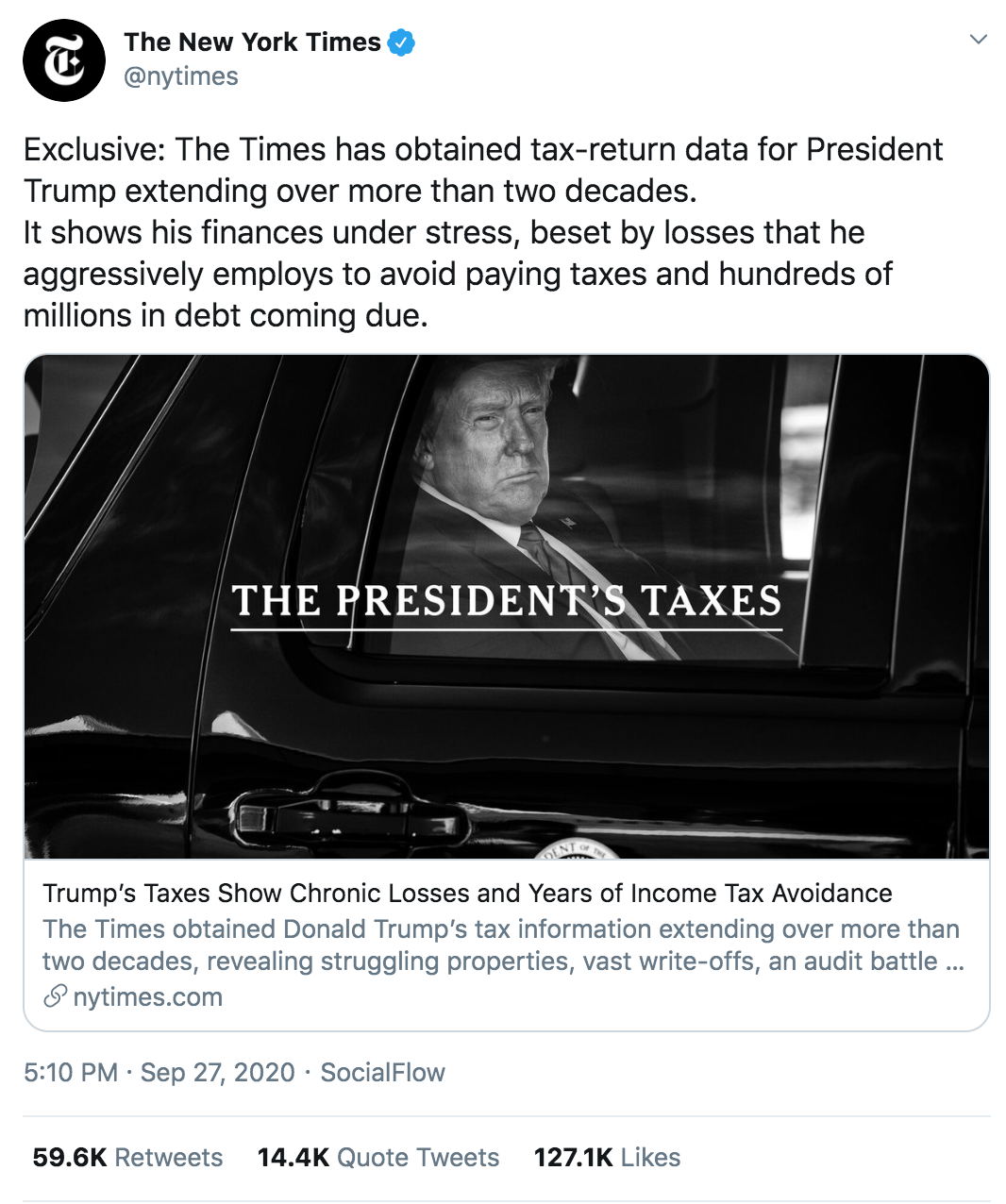 Trump NYT Reactions - The New York Times Exclusive The Times has obtained taxreturn data for President Trump extending over more than two decades. It shows his finances under stress, beset by losses that he aggressively employs to avoid paying taxes and