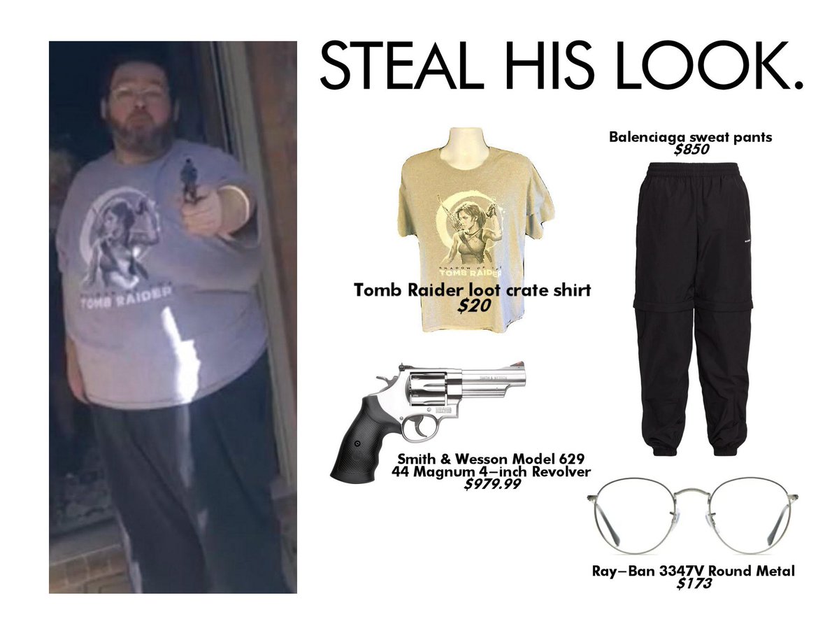 t shirt - Steal His Look. Balenciaga sweat pants $850 Tomb Raides Tomb Raider loot crate shirt $20 Tomb Raider Smith & Wesson Model 629 44 Magnum 4inch Revolver $979.99 D RayBan 3347V Round Metal $173