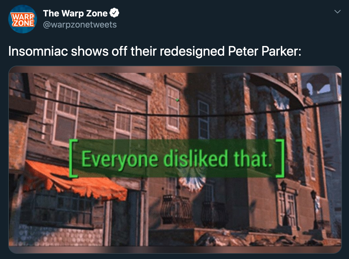 fallout everyone disliked that imgur -  Insomniac shows off their redesigned Peter Parker Everyone disliked that.