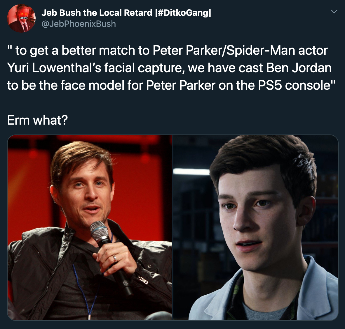 to get a better match to peter parker spider-man actor yuri lowenthal's facial capture, we have cast ben jordan to be the model for peter parker on the ps5 console. what!