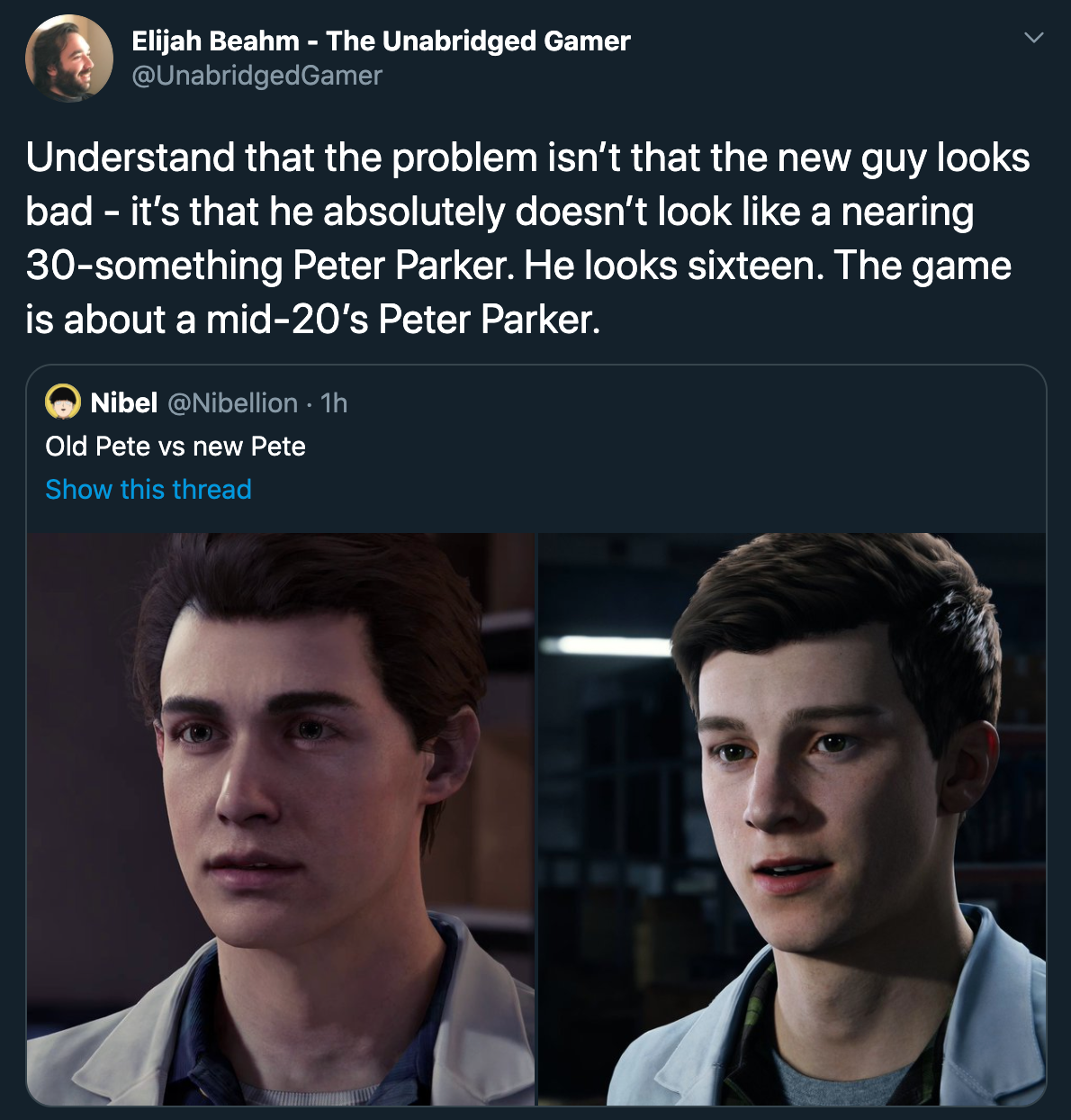 Understand that the problem isn't that the new guy looks bad it's that he absolutely doesn't look like a nearing 30something Peter Parker. He looks sixteen. The game is about a mid20's Peter Parker.