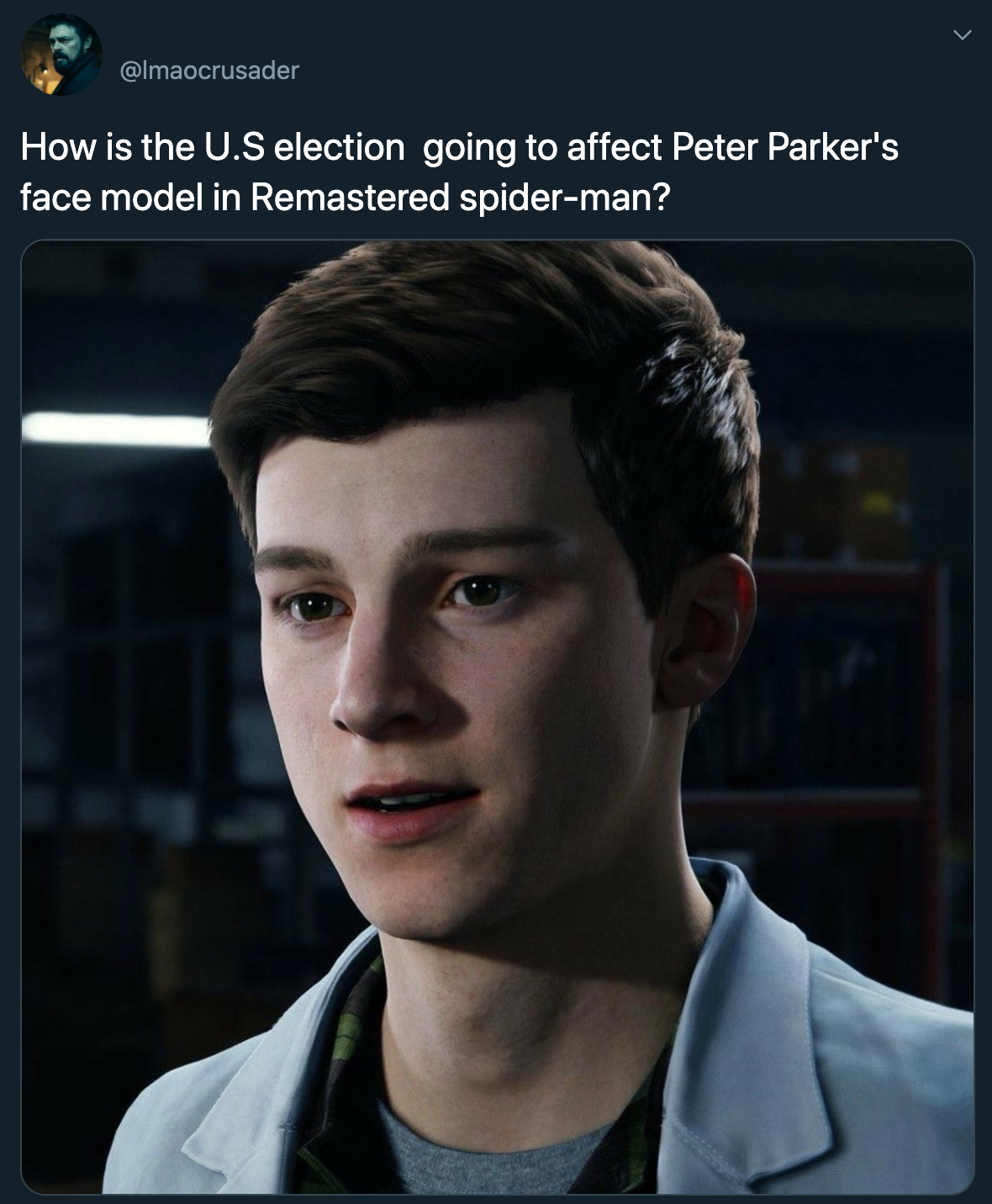 How is the U.S election going to affect Peter Parker's face model in Remastered spiderman?