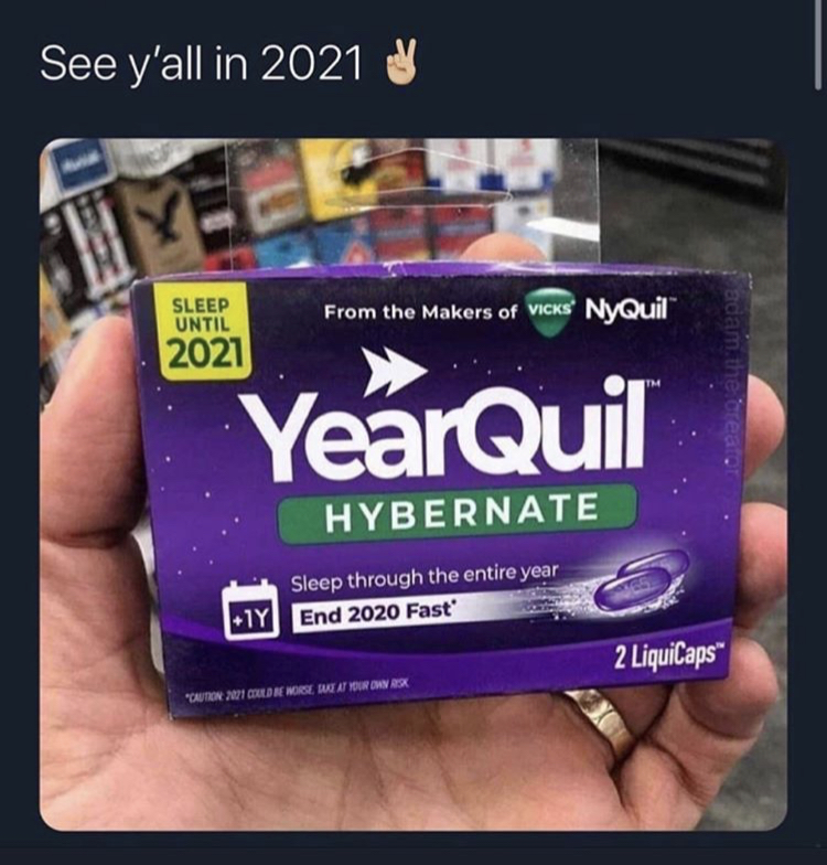 funny memes - yearquil 2020 - See y'all in 2021 Sleep Until From the makers of Vicks NyQuil" 2021 YearQuil Hybernate Sleep through the entire year 1Y End 2020 Fast 2 LiquiCaps