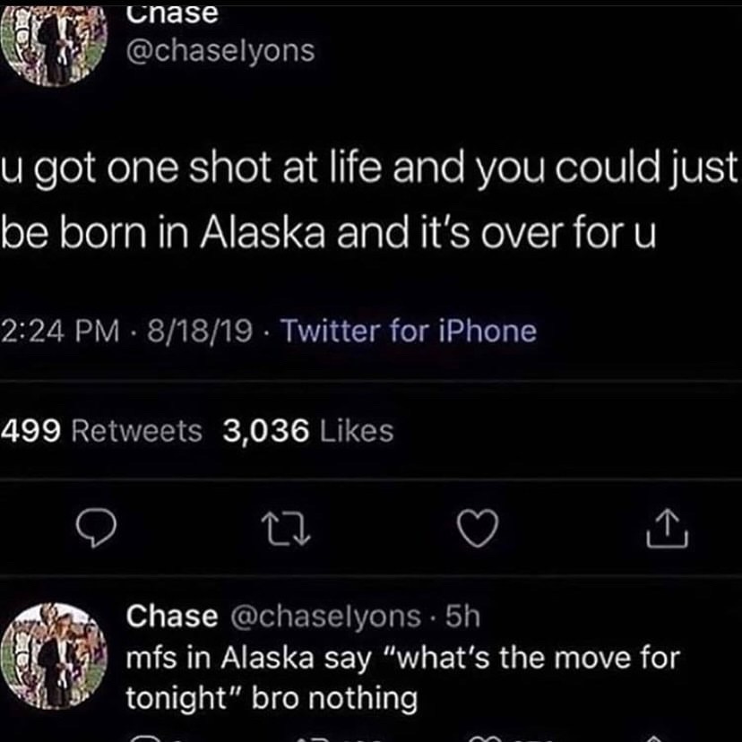 dank memes - screenshot - Chase u got one shot at life and you could just be born in Alaska and it's over for u 81819 Twitter for iPhone 499 3,036 Chase . 5h mfs in Alaska say