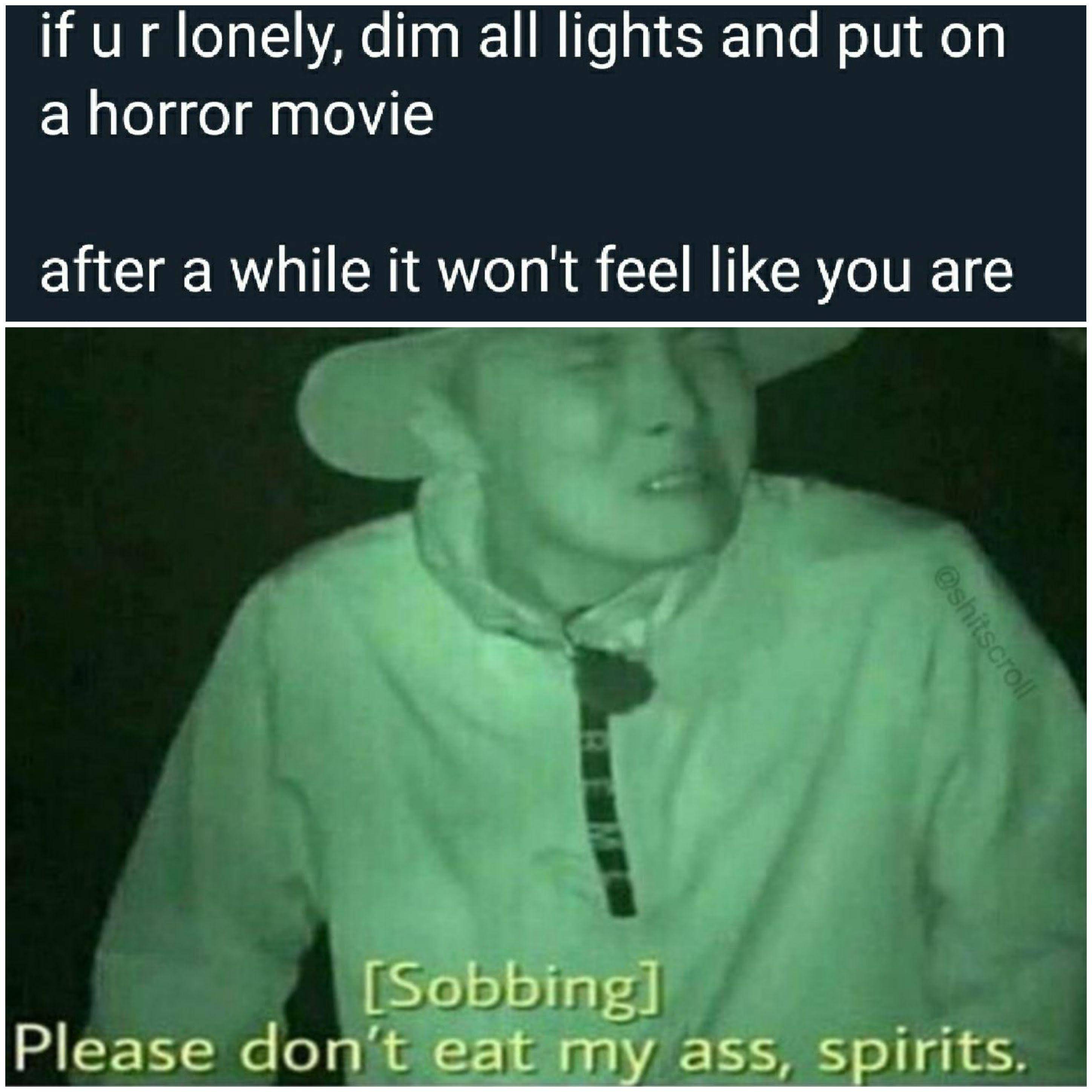 sex memes - spirits meme - if ur lonely, dim all lights and put on a horror movie after a while it won't feel you are Sobbing Please don't eat my ass, spirits.