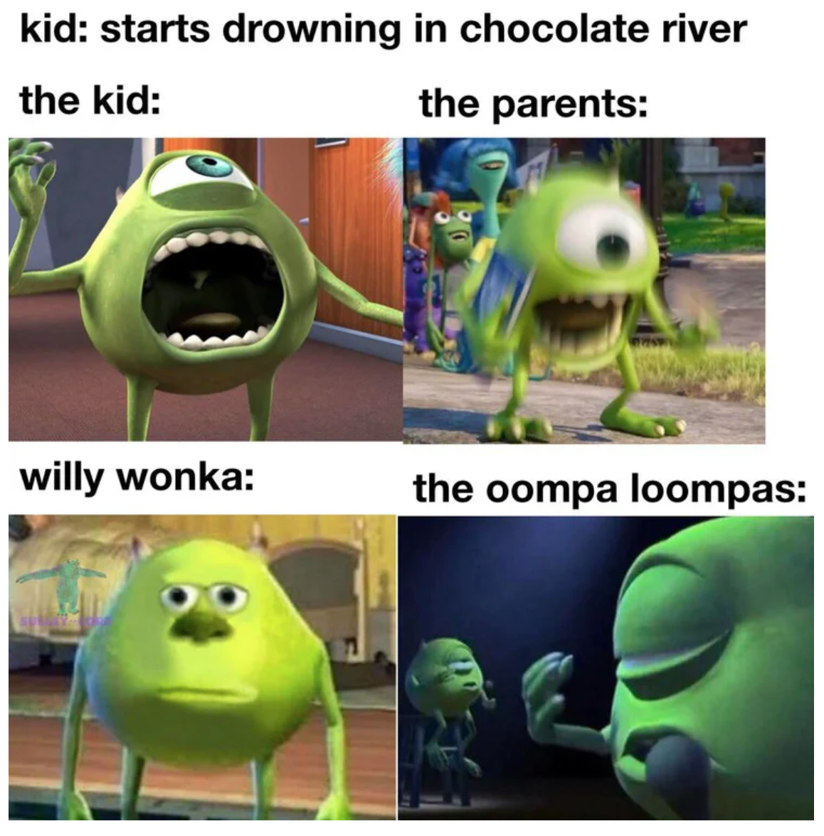 fauna - kid starts drowning in chocolate river the kid the parents willy wonka the oompa loompas