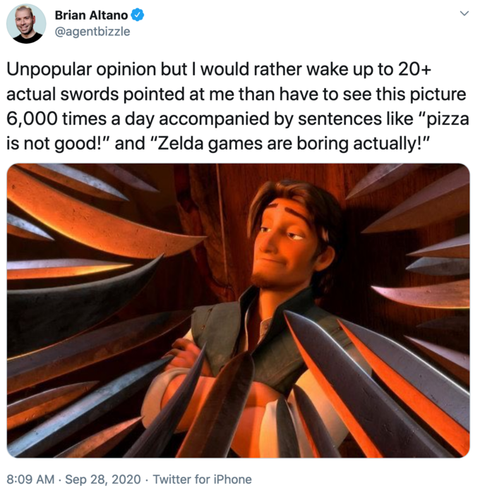 star wars overrated - Brian Altano Unpopular opinion but I would rather wake up to 20 actual swords pointed at me than have to see this picture 6,000 times a day accompanied by sentences "pizza is not good!" and "Zelda games are boring actually!" . Twitte