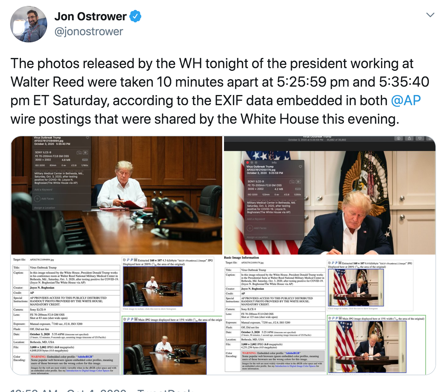 media - Jon Ostrower The photos released by the Wh tonight of the president working at Walter Reed were taken 10 minutes apart at 59 pm and 40 pm Et Saturday, according to the Exif data embedded in both wire postings that were d by the White House this ev