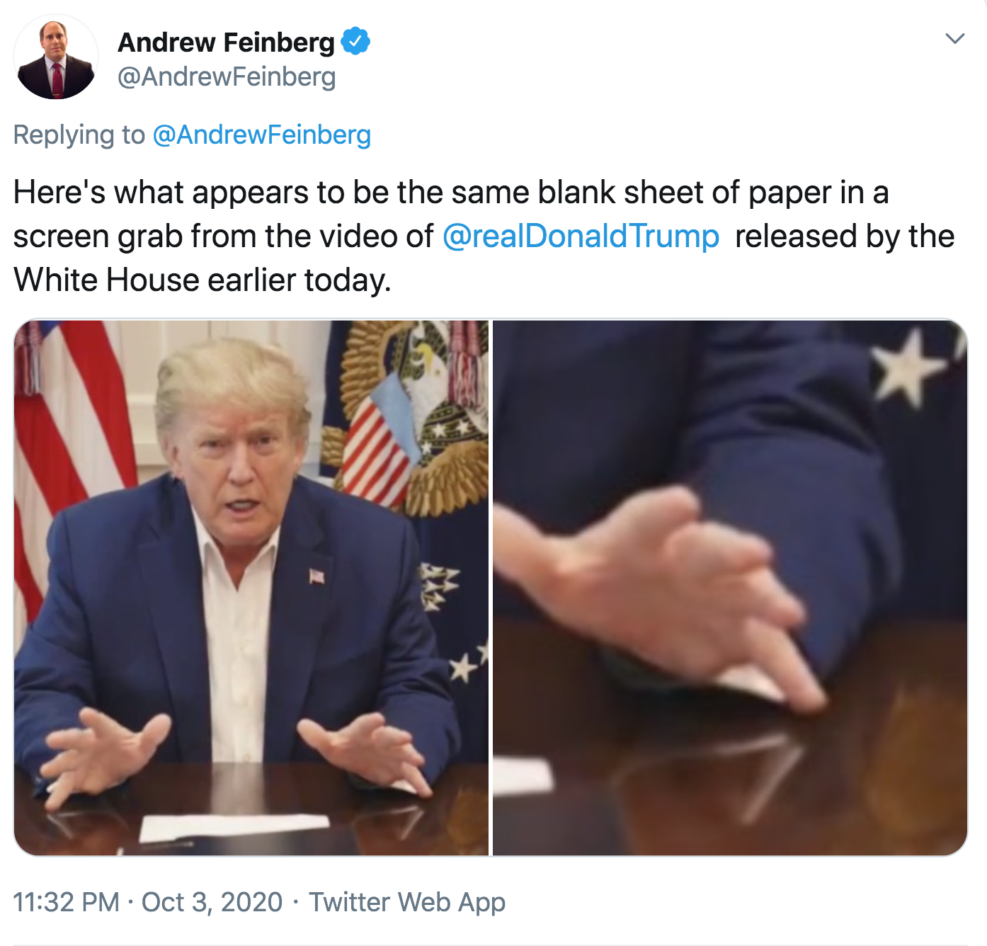presentation - Andrew Feinberg Here's what appears to be the same blank sheet of paper in a screen grab from the video of Trump released by the White House earlier today. . Twitter Web App