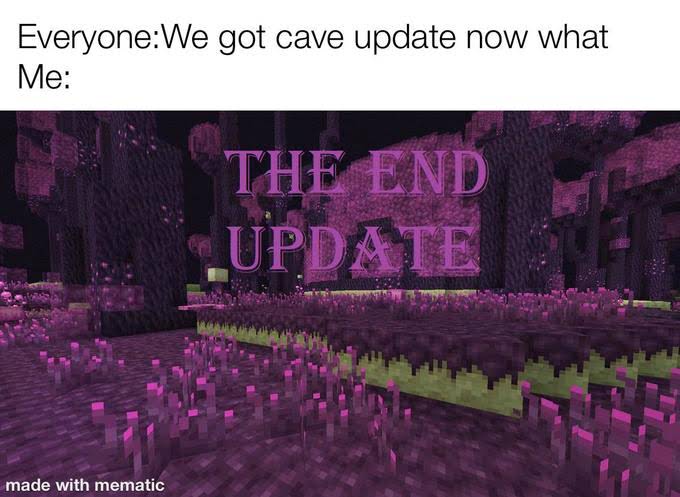 minecraft memes - minecraft update- glowsquids - lavender - EveryoneWe got cave update now what Me The End _UPDATE made with mematic