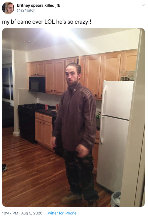 robert pattinson standing in kitchen tracksuit meme - robert pattinson meme - britney spears killed jfk my bf came over Lol he's so crazy!! . Twitter for iPhone