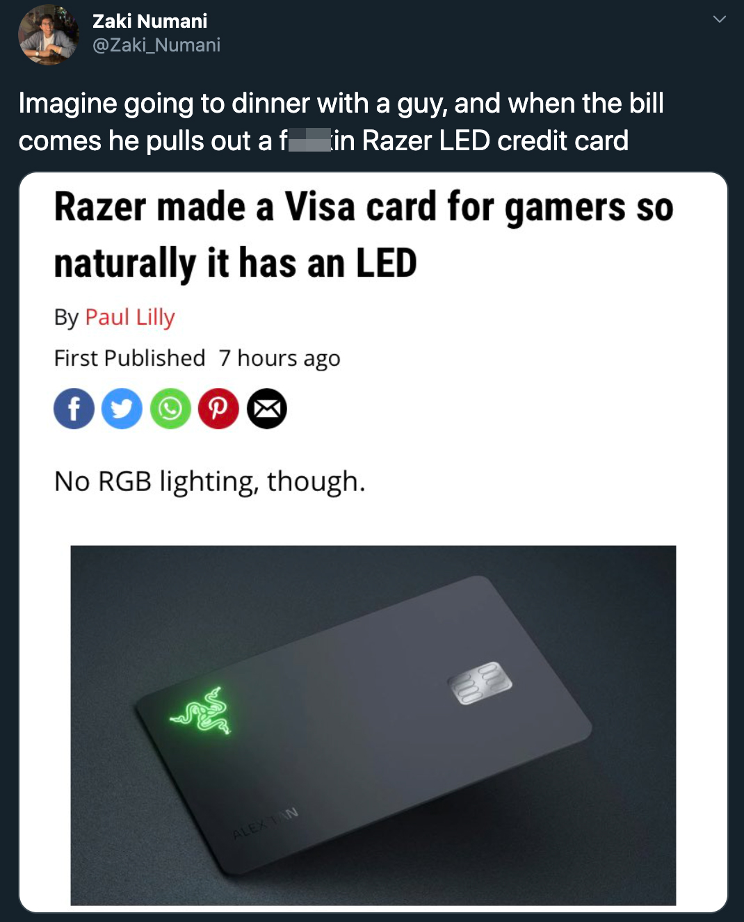 razer gamer credit card reactions - Imagine going to dinner with a guy, and when the bill comes he pulls out a f tin Razer Led credit card